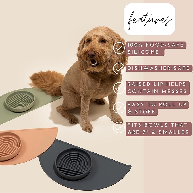 Waterproof Silicone Pet Food Mat - Non-Slip, Spill-Proof Feeding Mats for Floors, Raised Edge Design, Easy-to-Clean Rubber Mat for Dog & Cat Bowls, 21" Across x 10.5" Deep, Medium-Honey