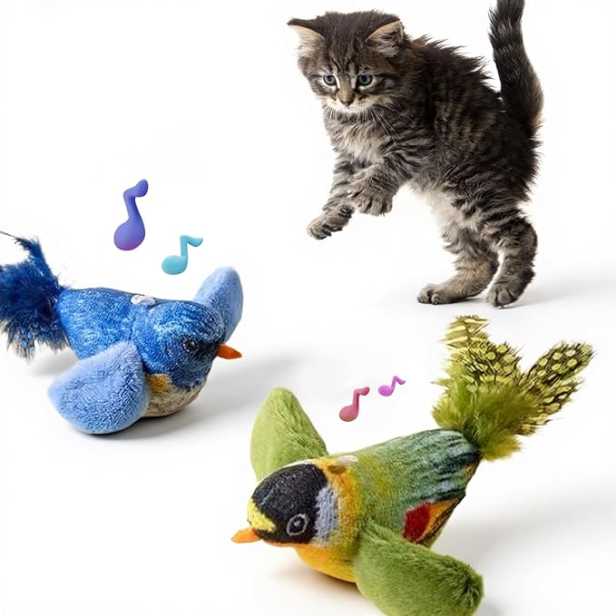 2-pack catnip cat toys that stimulate indoor cats' natural hunting instincts,Interactive plush bird toy with realistic chirping sounds to tease your cat (Green artificial bird + blue artificial bird)
