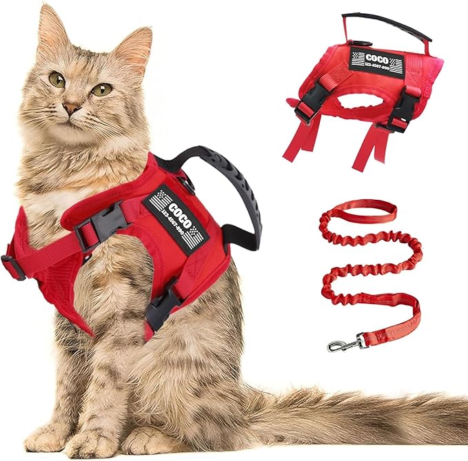 Tactical Cat Harness Escape Proof for Walking with Personalized Patches - Adjustable Harness for 8-20lbs Cat Escape Proof - Soft Vest for Large Kitty with Optional Leash (Red)