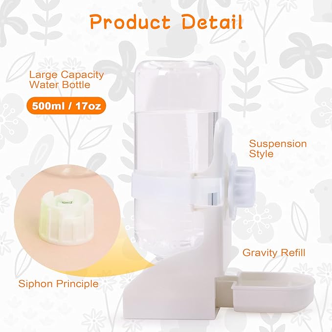 Rabbit Water Bottle Suspension Water Dispenser for Mini Pet Bunny Guinea Pig Chinchilla, 500ml Automatic Water Bottle by Gravity Flow Supply, Prevent Overflow, BPA Free (White)