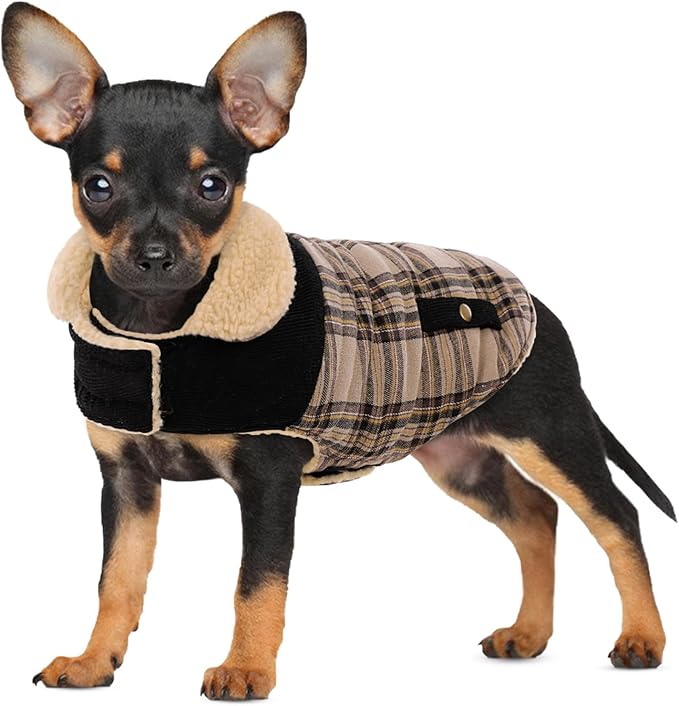 Winter Coat for Small Dogs, Puppy Plaid Jacket, Dog Jacket for Cold Weather, Windproof Warm Garments, Pets Thickened Outfits Indoor Outdoor, Beige S