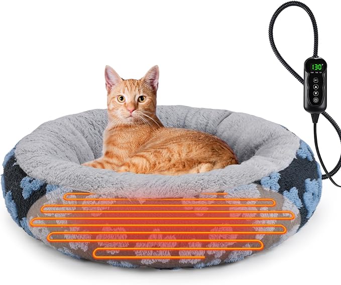 INVENHO Heated Cat Bed, Heated Cat Beds for Indoor Cats and Small Dogs, 20" Cozy Donut Heated Pet Bed with Timer & Temp Adjustable, Removable Waterproof Electric Warming Bed for Indoor Cat