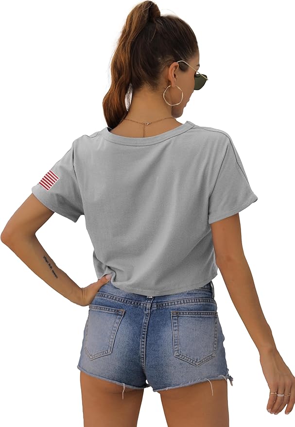 Womens Summer Crop Tops Short Sleeve Round Neck T-Shirts Loose Fit Casual Blouse