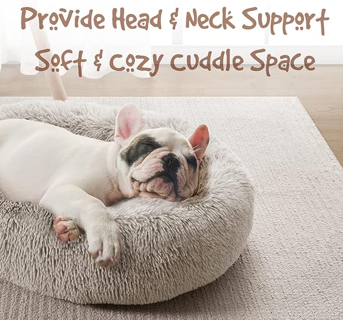 Friends Forever Donut Dog Bed Faux Fur Fluffy Calming Sofa For Large Dogs, Soft & Plush Anti Anxiety Pet Couch For Dogs, Machine Washable Coco Pet Bed with Non-Slip Bottom, 36"x36"x8" Tan