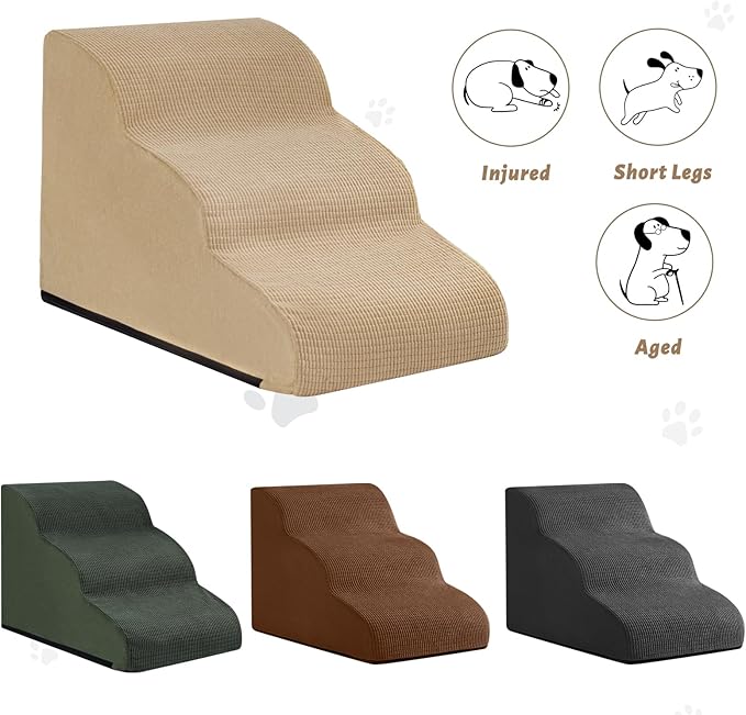 3-Step Dog Ramp and Stairs for Sofa and Chair - Non-Slip Sturdy Pet Steps for Small Dogs and Cats,15.7" H,Khaki
