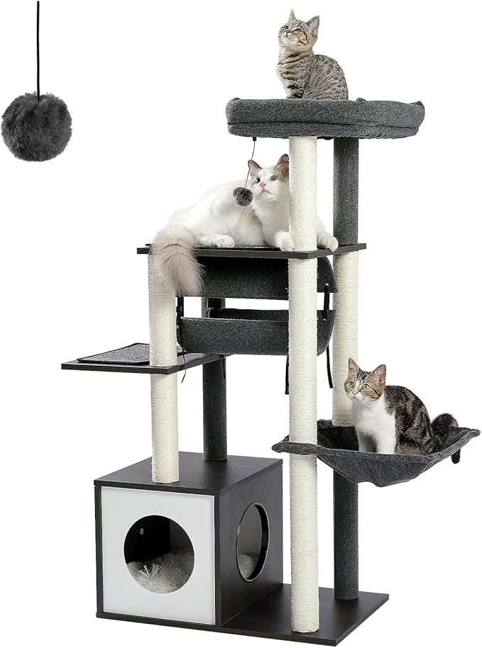 PEQULTI 51.4 Inches Modern Cat Tree Premium 6 Levels Wooden Cat Tower with Fully Sisal Covered Scratching Posts, Cozy Condo, Spacious Perch, Super Large Hammock and Swing Tunnel for Indoor Cats Gray