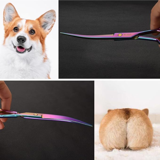 Dog Grooming Scissors kit 7 in 1 Professional Pet Cat Hair Cutting Shears At Home Including Straight Curved Thinning Scissors with Safety Round Tip, Comb