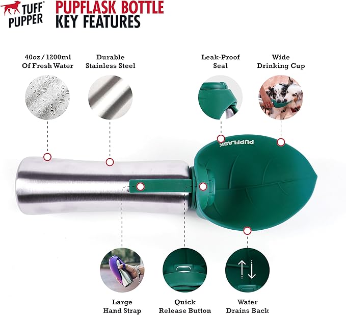 PupFlask Large Dog Water Bottle | 27 or 40 OZ Stainless Steel | Convenient Dog Drink Dispenser | Puppy Travel Water Bowl | Portable Pet Hydration Bottle | Leak Proof | Perfect Size for All Breeds