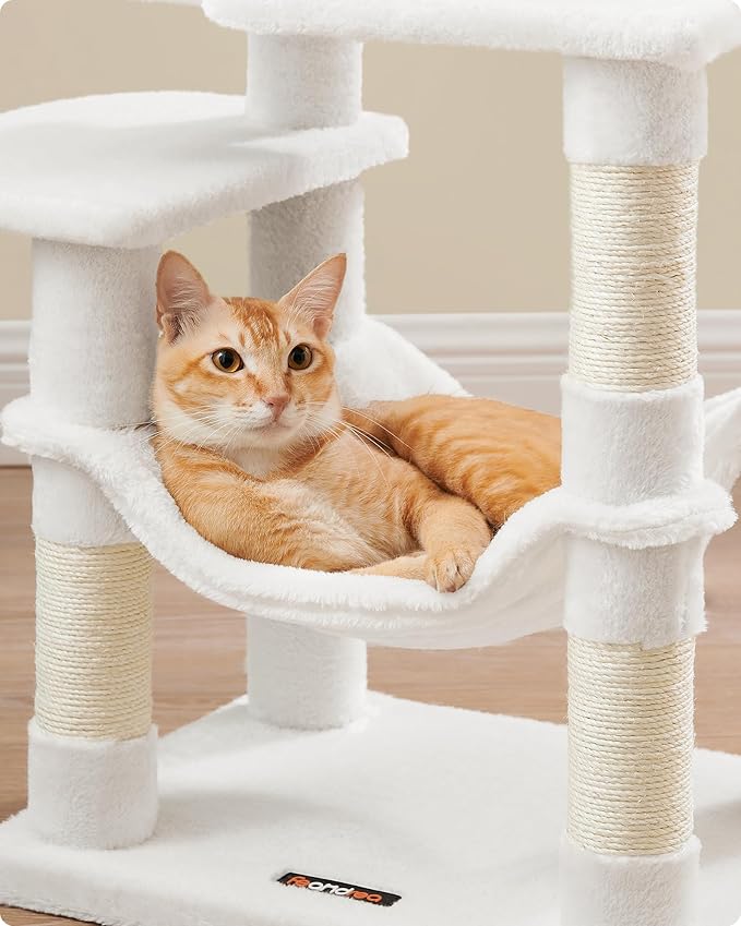 Feandrea Cat Tree, 44.1-Inch Cat Tower for Indoor Cats, Multi-Level Cat Condo with 4 Scratching Posts, 2 Perches, Hammock, Cave, Cream White UPCT261T01