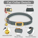 OOPSDOGGY Rolled Leather Cat Collar with Bell - Reflective Kitten Collar with Safety Elastic Strap - Adjustable Small Pet Collars for Boy Girl Cats (Denim)