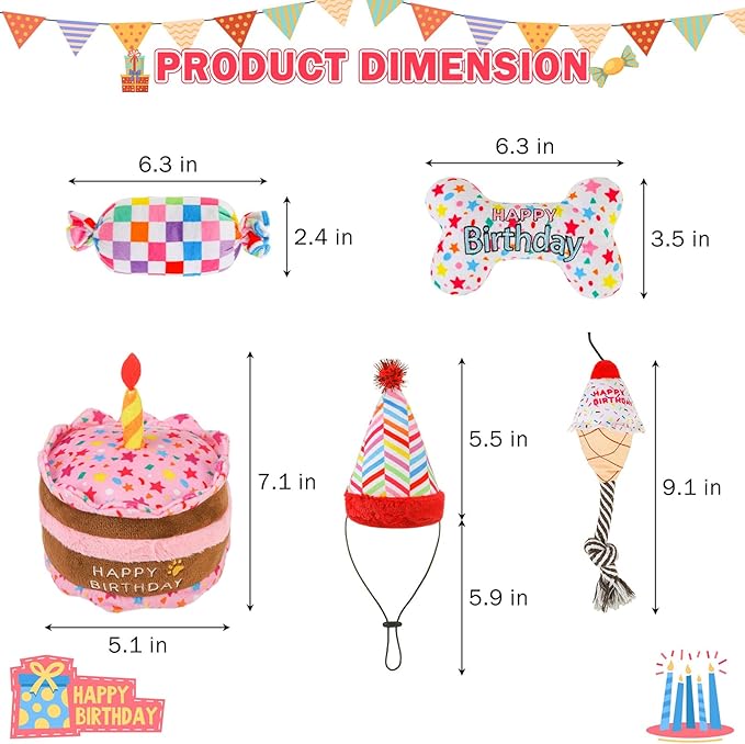 SCENEREAL Dog Birthday Squeaky Toy Set, 5 Pcs Stuffed Plush Pet Toys Birthday Gift for Dogs Boys and Girls Birthday Party, Cute Durable Interactive Puppy Teething Chew Toys for Small Medium Dogs