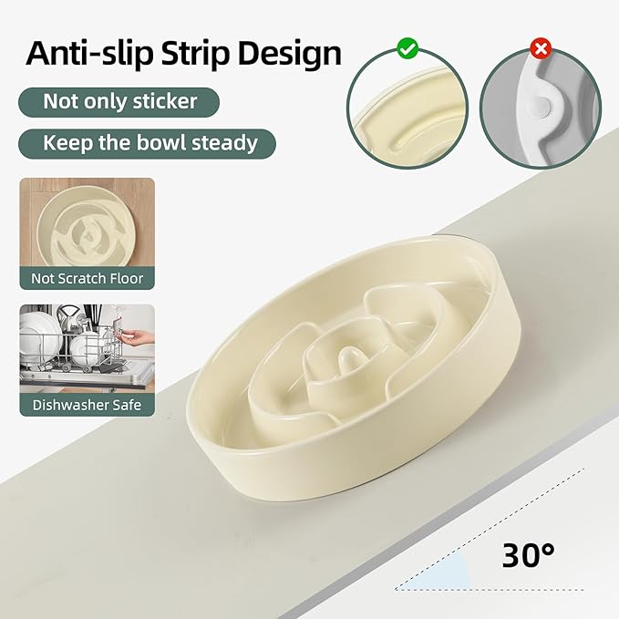 7.3inch Ceramic Slow Feeder Dog Bowl for Medium and Large Breed, Puzzle Dog Food Dish, Anti-Gulping, Pet Slow Feeder, Stop Bloat, Preventing Choking (Single Bowl-Beige)