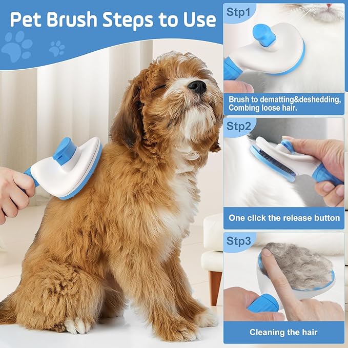 Self Cleaning Cat Brush,Slicker Dog Brush for Shedding,Skin Friendly Cat Brushes for Indoor Cats Massage Grooming,Dog Deshedding Brush for Long&Short Haired Dogs Loose Fur Hair Removal Blue