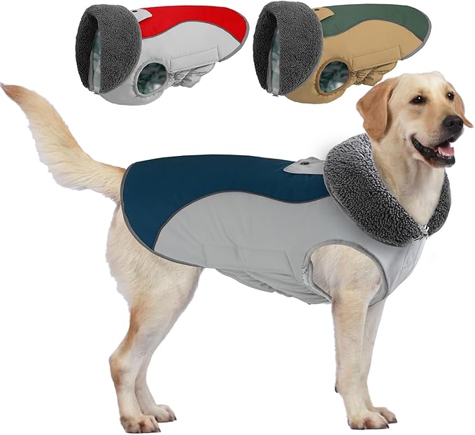Doglay Dog Jacket Waterproof Dog Coat, Reflective Cold Weather Winter Coat, Adjustable Turtleneck Fleece Puppy Snow Jacket with Harness Hole for Small Medium Large Dogs
