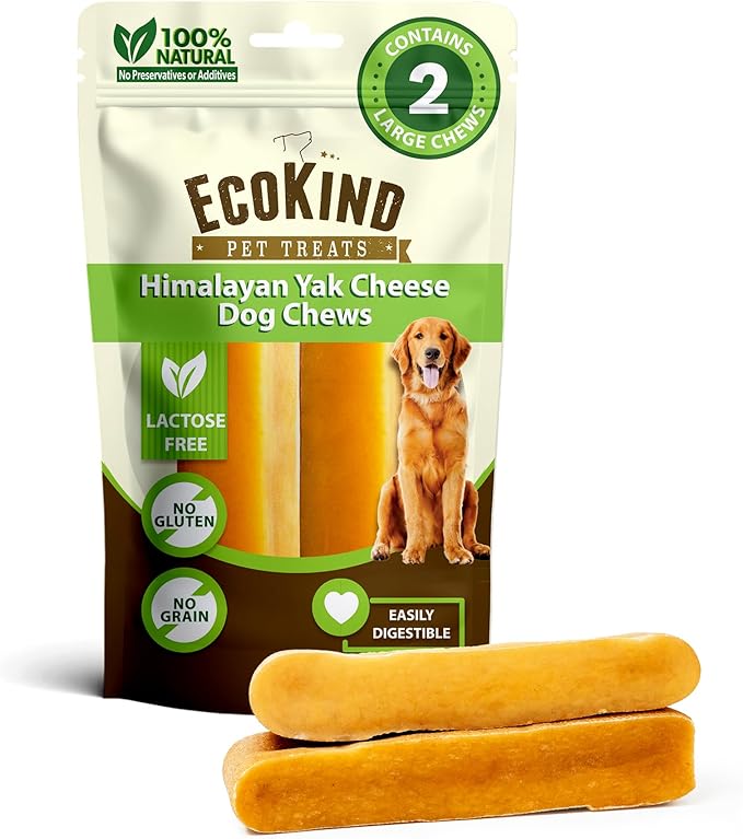 EcoKind Premium Gold Yak Cheese Himalayan Dog Chews, Dog Treats Large Breed, All Natural, High Protein, for Aggressive Chewers, Large - 2 Chews