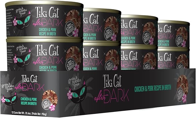 Tiki Cat After Dark, Chicken & Pork, High-Protein and 100% Non-GMO Ingredients, Wet Cat Food for Adult Cats, 2.8 oz. Cans (Pack of 12)
