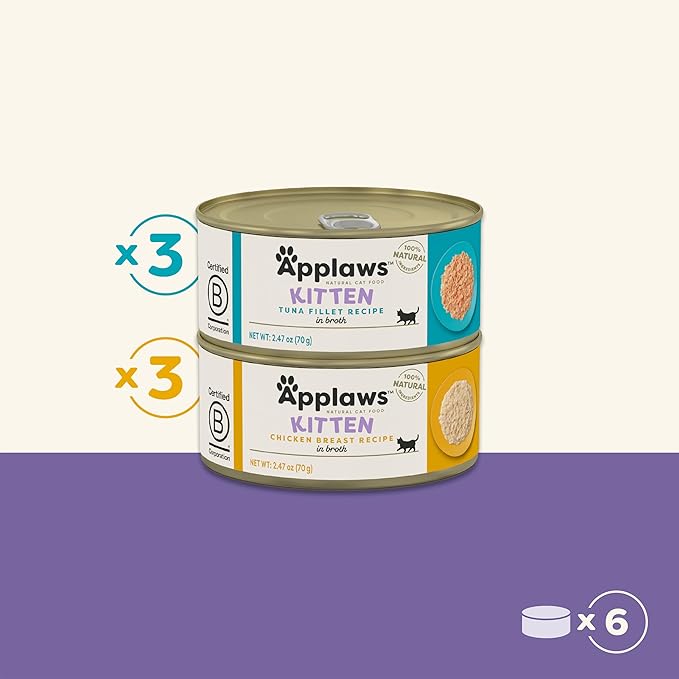 Applaws Natural Wet Kitten Food, Limited Ingredient, Grain-Free, Protein with No Artificial Additives,Variety Pack in Broth (24 x 2.47oz Cans)