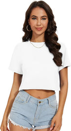 Womens Summer Crop Tops Short Sleeve Round Neck T-Shirts Loose Fit Casual Blouse