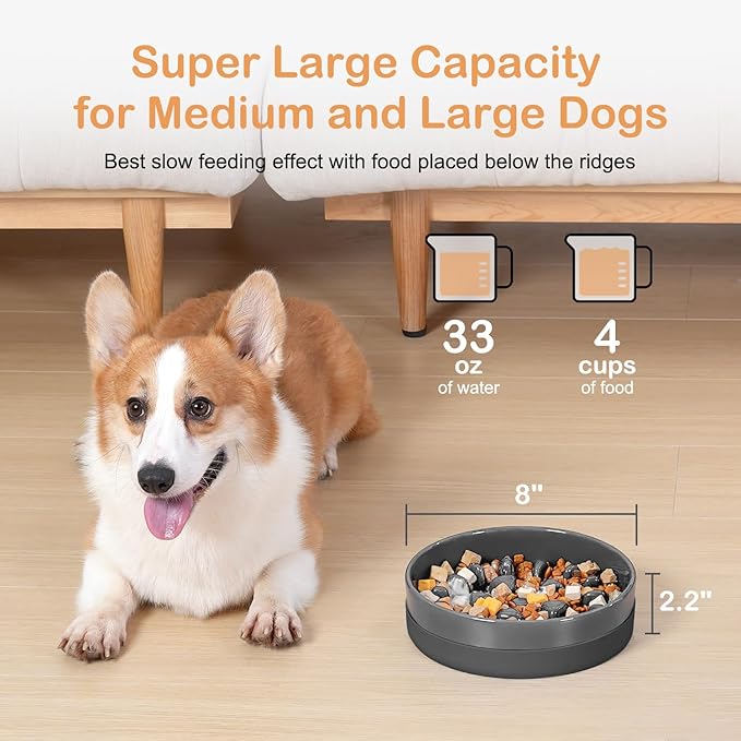 Sted Ceramic Slow Feeder Dog Bowls with Silicone Base, Slow Feeding Dog Bowl Small Medium Breed, Dog Food Bowls for Fast Eaters, Slow Down Eating, Puzzle Dog Food Bowl, Maze Grey