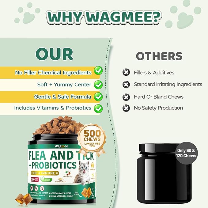 Flea and Tick Prevention for Cats Chews, 500 Crunchy & Creamy Flea Chews, Cat Flea Chewables with Probiotics - Skin & Coat Support - Fleas & Tick Supplement for Cats Kittens - Natural Chicken Flavor