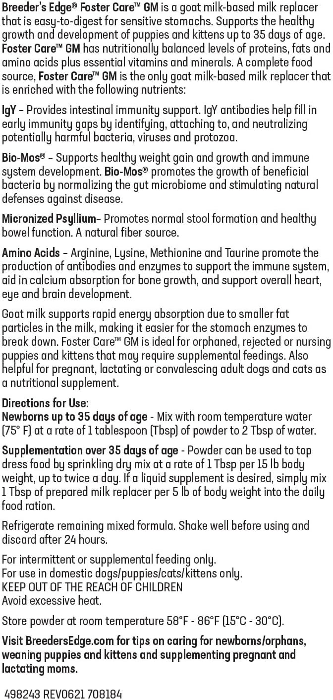 Breeder's Edge Foster Care GM - Goat Milk Based Powdered Milk Replacer - Puppies , Kittens , Cats & Dogs Formula - Easy Digestion - 1 lb