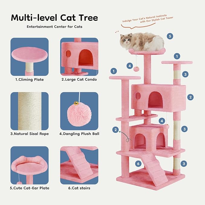 DUMOS 54-inch Indoor Cat Tree Tower –Multi-Level Pet House for Large Cats with 2 Condos, Scratching Posts, Round Platform, Small Ladder, and Toys, Pink