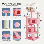 DUMOS 54-inch Indoor Cat Tree Tower –Multi-Level Pet House for Large Cats with 2 Condos, Scratching Posts, Round Platform, Small Ladder, and Toys, Pink