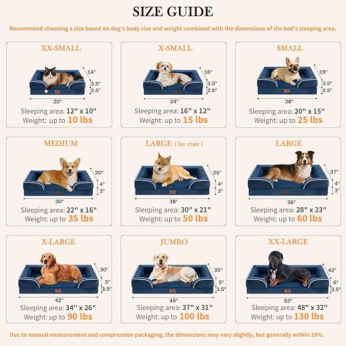 Comfort Expression Small Dog Beds Waterproof Cat Beds Orthopedic Foam Sofa Beds for Small Dogs Comfy Pet Bed with Washable Removable Cover & Non-Slip Bottom(XX-Small,Navy Blue)