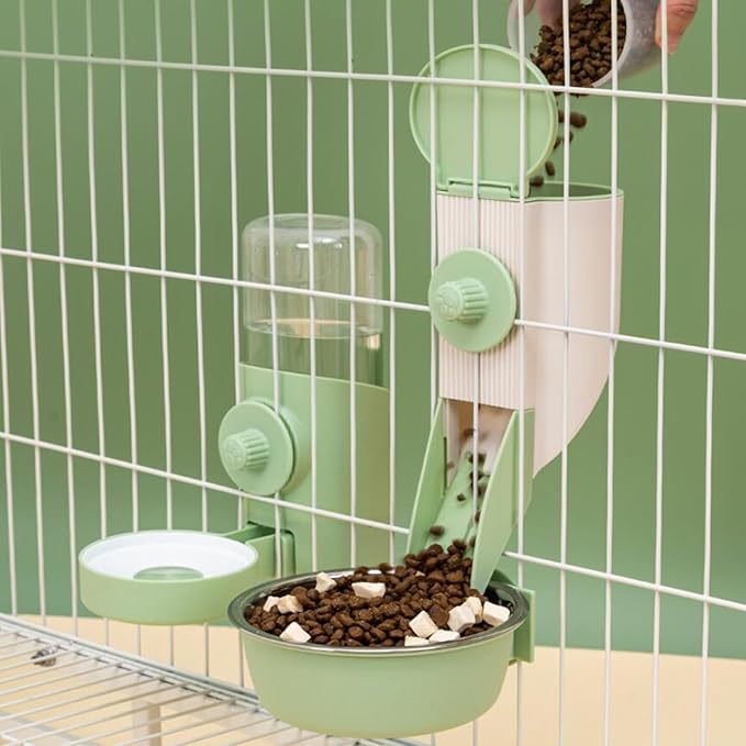 Hanging Cage Automatic Food Water Dispenser Kennel Gravity Pet Feeder Set with Separate Food Bowl and 500ML Waterer, Crate Auto Feeder Dish for Small Pets Cats Puppy Ferret Bunny Guinea Pig
