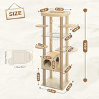 PEQULTI 71'' Cat Tree, Tall Wood Cat Tower for Indoor Cats with 2 Acrylic Cat Hammock, Multi-Level Activity Trees with Scratching Posts, Condo House and Large Top Perch for Large Cats, Beige