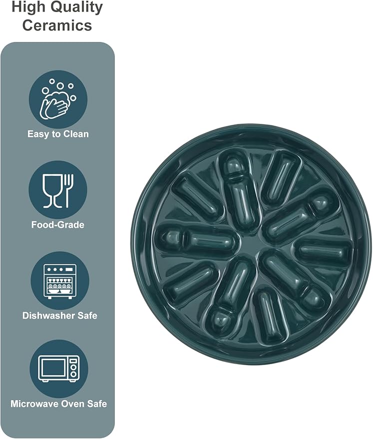 Ceramic Maze Dog Slow Feeder with Non-Slip Silicone Rim (& Bamboo Stand) – Heavy-Duty Stoneware Bowl with Puzzle Pattern for Bloating & Obesity Prevention (Raised-Blue-S)
