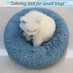 Comfy Calming Dogs Bed for Deep Sleep Small Puppy ，Puppy Bed with Fluffy Donut is for Anxiety Small Dogs，19" Round Soft Faux Fur Pet Bed for Small Dogs Under 15 lbs Machine Washable Blue