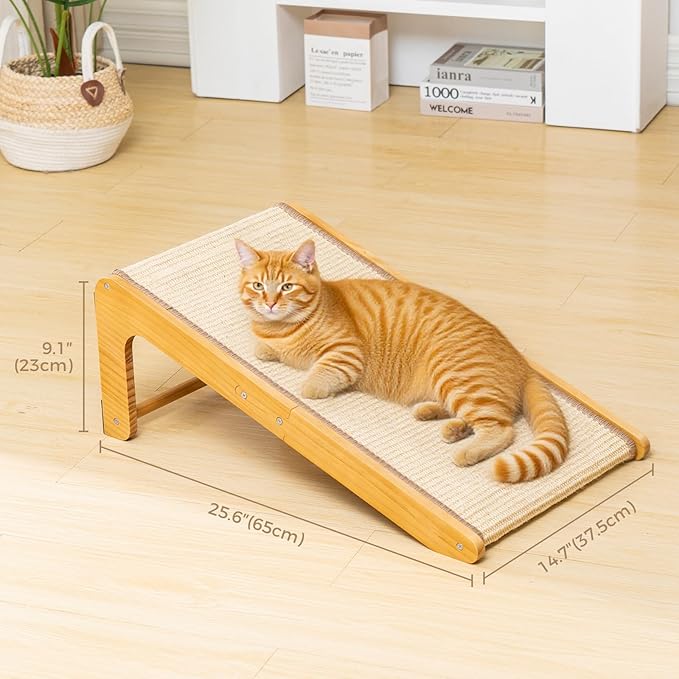 Avont Sisal Cat Scratcher, 25.6 Inch Vertical L Shape Scratching Board with 110° Angled Ramp, Natural Solid Wood with No Mess Scratch Pad for Indoor Cats -Large