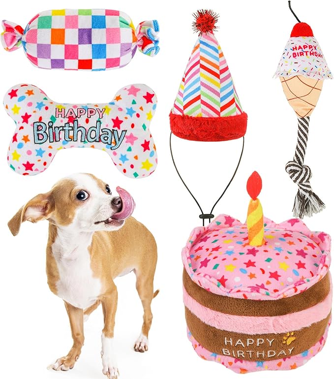 SCENEREAL Dog Birthday Squeaky Toy Set, 5 Pcs Stuffed Plush Pet Toys Birthday Gift for Dogs Boys and Girls Birthday Party, Cute Durable Interactive Puppy Teething Chew Toys for Small Medium Dogs