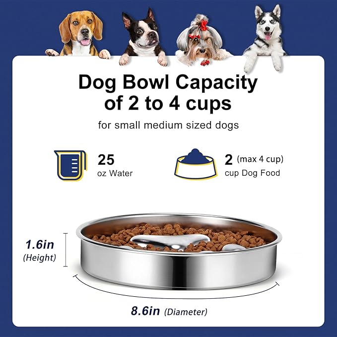 Slow Feeder Dog Bowls 304 Stainless Steel, 2 Cups Metal Food Bowls, Water Bowl for Small & Medium Sized Dogs, Fun Bloat Stop Pet Fast Eaters