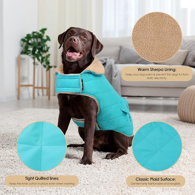 Winter Coat for Medium Dogs, Dog Plaid Jacket, Pets Coat for Cold Weather, Windproof Warm Garments, Pet Thickened Outfits Indoor Outdoor, Blue M