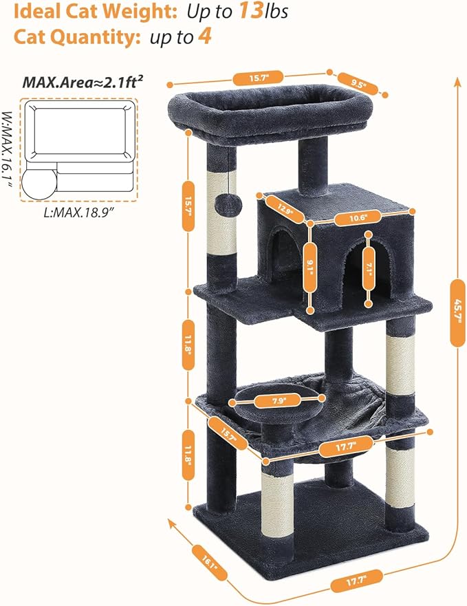 PETEPELA 45.7" Cat Tree for Indoor Cats, 5-Level Cat Tower for Large Cats with Metal Frame Large Hammock (17.3"x15.3"), Cat Condo with (18.5"x13") Big Top Perch & 4 Sisal Covered Scratching Post Dark