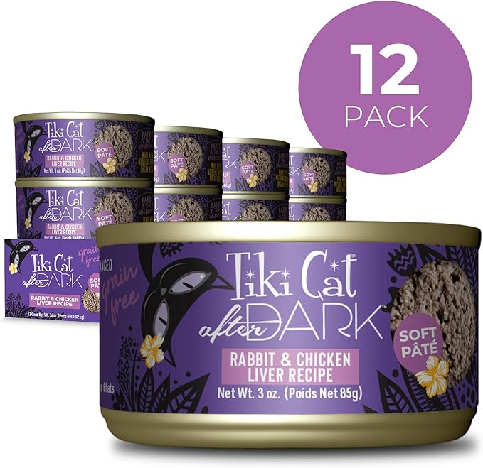Tiki Cat After Dark Soft Pate, Rabbit & Chicken Liver, High-Protein and 100% Non-GMO Ingredients, Wet Cat Food for Adult Cats, 3 oz. Can (12 Count)