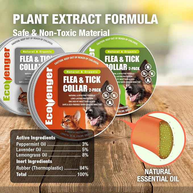 EcoVenger Flea Collars for Dogs & Cats - Flea & Tick Repellent 2-Pack Orange. Built-in Pant-Based Formula Strong Repellency Slow Release, Lasting Protection, Pleasant Aroma, Waterproof