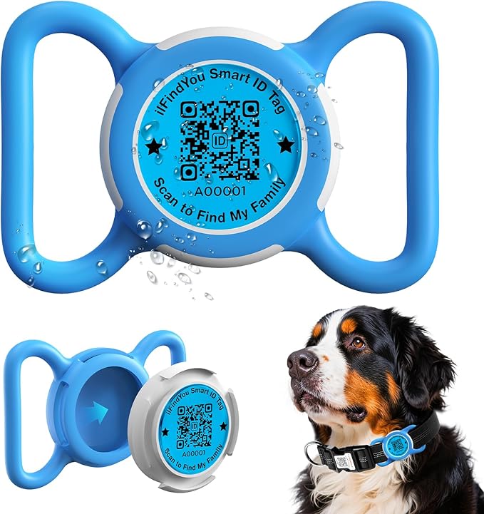Waterproof AirTag Dog Collar Holder for Apple Tracker QR Code Case Blue