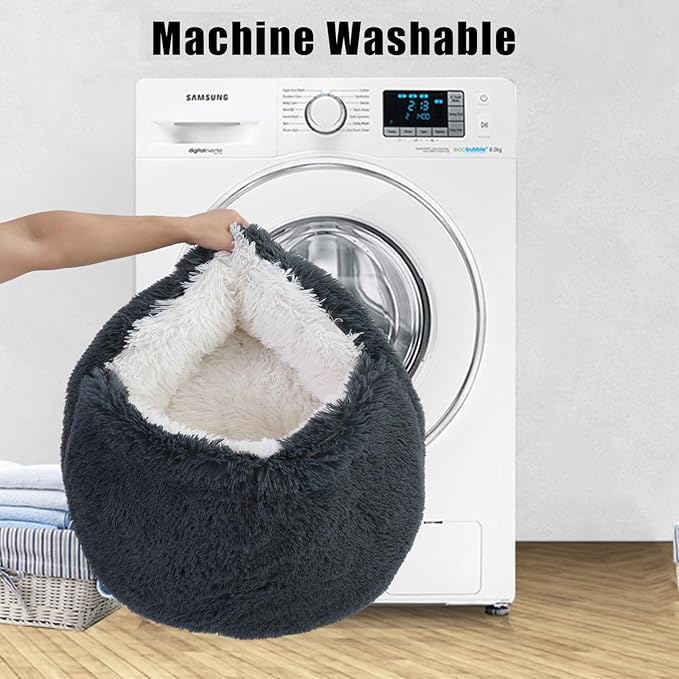 Round Hooded Cat Bed & Dog Bed with Cover Cave, Dog Bed for Small Dogs, Faux Fur Cuddler Round Coved Cat Bed Self Warming Donut Dog Bed Fits up to 12 lbs Pets(Dark Grey, 20inch x 20inch)