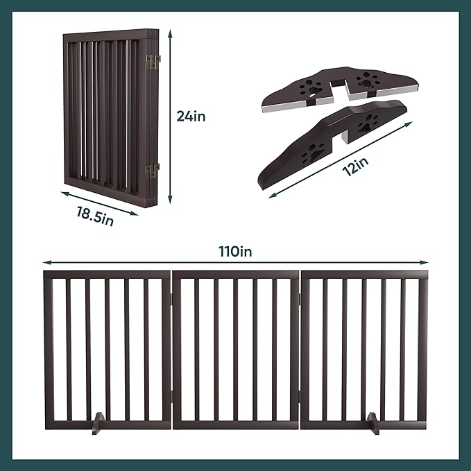 Semiocthome Free Standing Pet Gates for Dog Indoor, 3-Panel Puppy Gates for The House with 2PCS Support Feet, 24“(H) Folding Dog Gate for Stairs Expands Up to 55" (W) No Installation Resquired- Brown