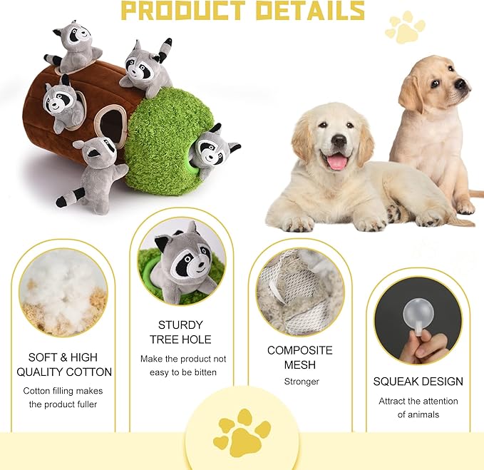 Interactive Squeaky Dog Toys Raccoon Dog Toy, Stuffing Woodland Friends Burrow, Squeaky Plush Dog Toy for Small Medium Large Dogs (Large)