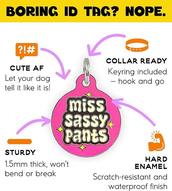 Personalized QR Code Dog Tags - Choose from 25+ Tag Designs - QR Code Links to Your Profile - Unique, Cute, Funny, Sassy Pet ID Tag (Miss Sassy Pants, Large (1.25 inch))