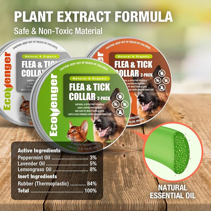 EcoVenger Flea Collars for Dogs & Cats - Flea & Tick Repellent 2-Pack Green. Built-in Pant-Based Formula Strong Repellency Slow Release, Lasting Protection, Pleasant Aroma, Waterproof