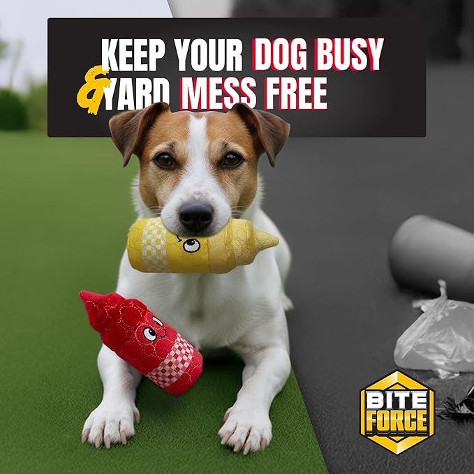 Bite Force Dog Toy - Drizzle & Dollop Squeaky Dog Toy Kevlar-Reinforced for Aggressive Chewers- red and Yellow.