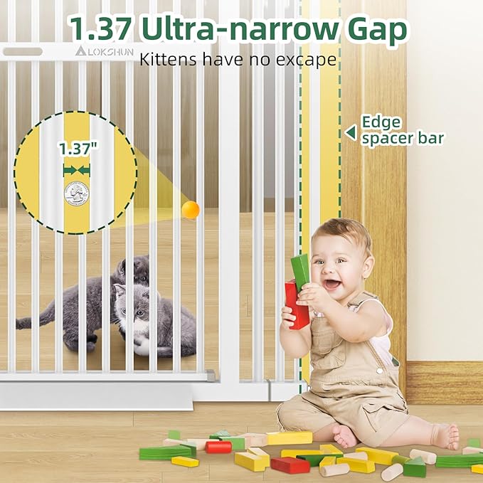 60" Extra Tall Pet Gate, 30-40" Wide, Auto Close, White Metal for Stairs & Doorways, Cat Toy Included