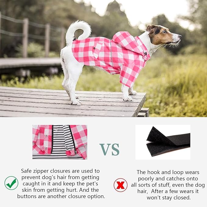 Dog rain Coat Waterproof Raincoat Puppy Jacket with Legs Buttons Zipper Hood Drawstring Fit for Yorkie Terrier Schnauzer Poodle Border Collie Labrador Golden Retriever 8lbs to 80lbs Pink L