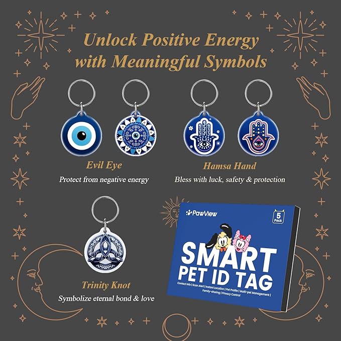 QR Code Pet ID Tags for Dogs & Cats – Guardian Spirit Series 5Pcs, Dog Tags Personalized with Evil Eye, Hamsa Hand & Celtic Knot Symbols, Waterproof, Editable Profile, Instant Location Alert