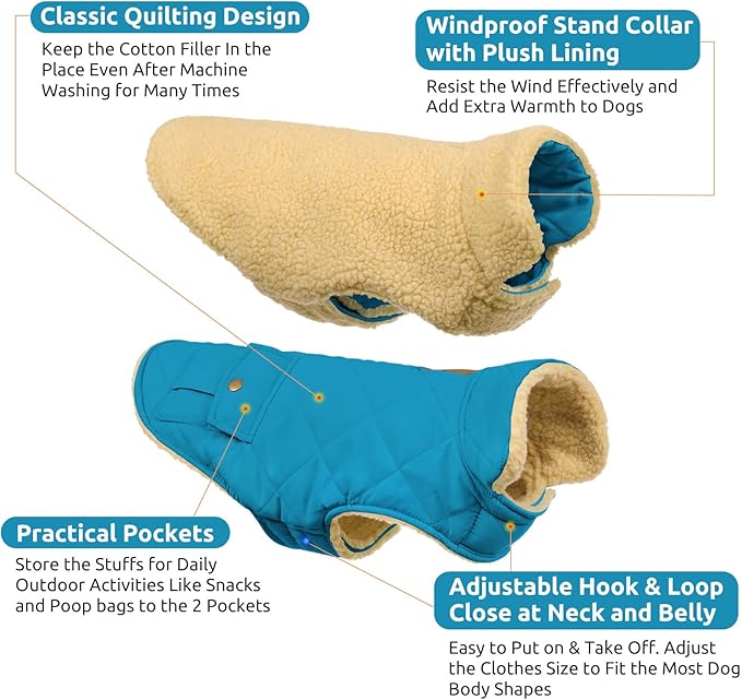 Queenmore Dog Winter Coat Warm Puffer Jacket Waterproof Plush Lining Thermal Cold Weather Vest for Small Medium Large Dogs, Windproof Easy On Pet Jacket Blue L